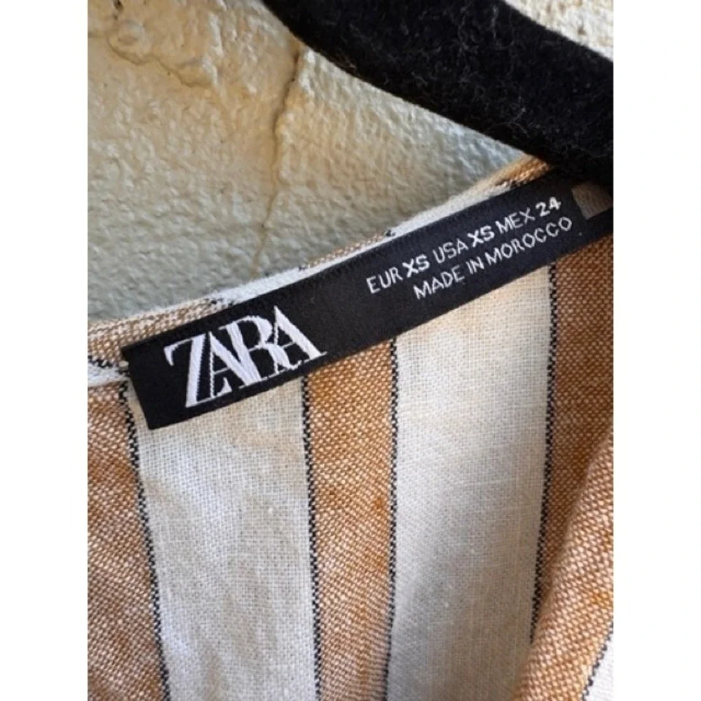 Zara Women Tan White Striped Linen Romper XS Minimalist Nautical Casual Beach